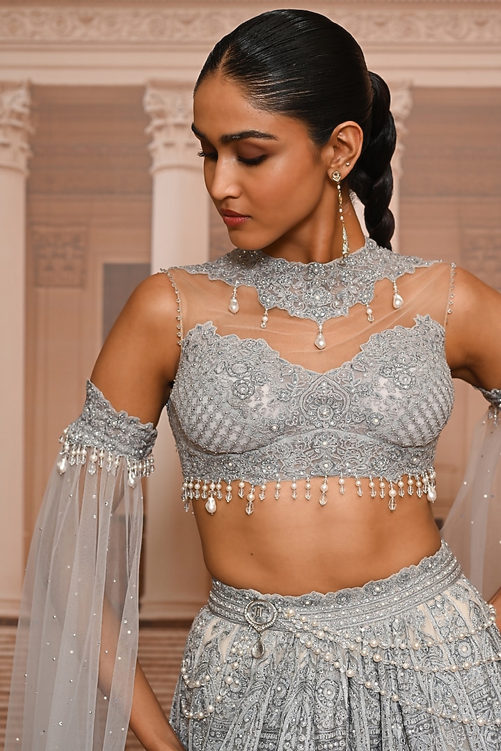 Ice Blue Tulle Pearl Embroidered Bridal Lehenga Set by Tarun Tahiliani at Pernia's Pop Up Shop
