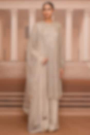 Oyster-Colored Tulle Embroidered Kurta Set by Tarun Tahiliani at Pernia's Pop Up Shop