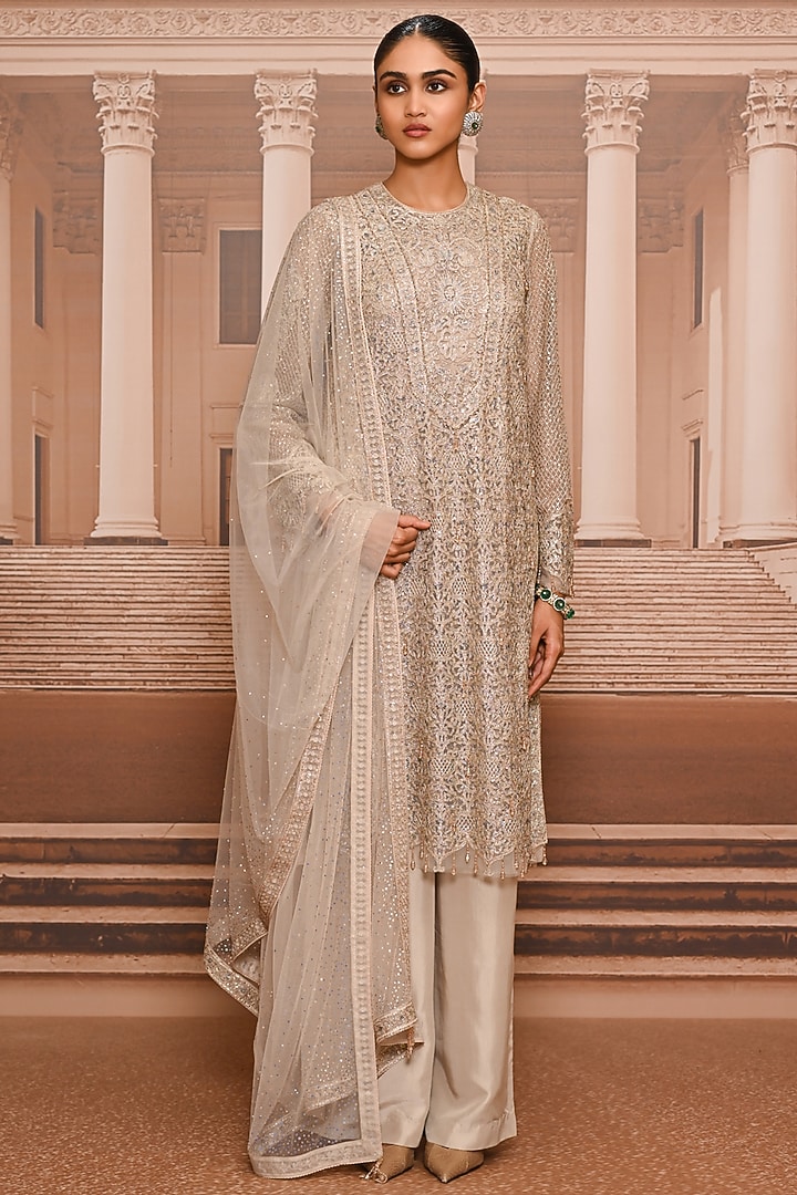 Oyster-Colored Tulle Embroidered Kurta Set by Tarun Tahiliani at Pernia's Pop Up Shop