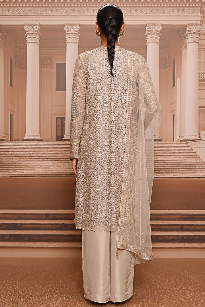 Oyster-Colored Tulle Embroidered Kurta Set by Tarun Tahiliani at Pernia's Pop Up Shop