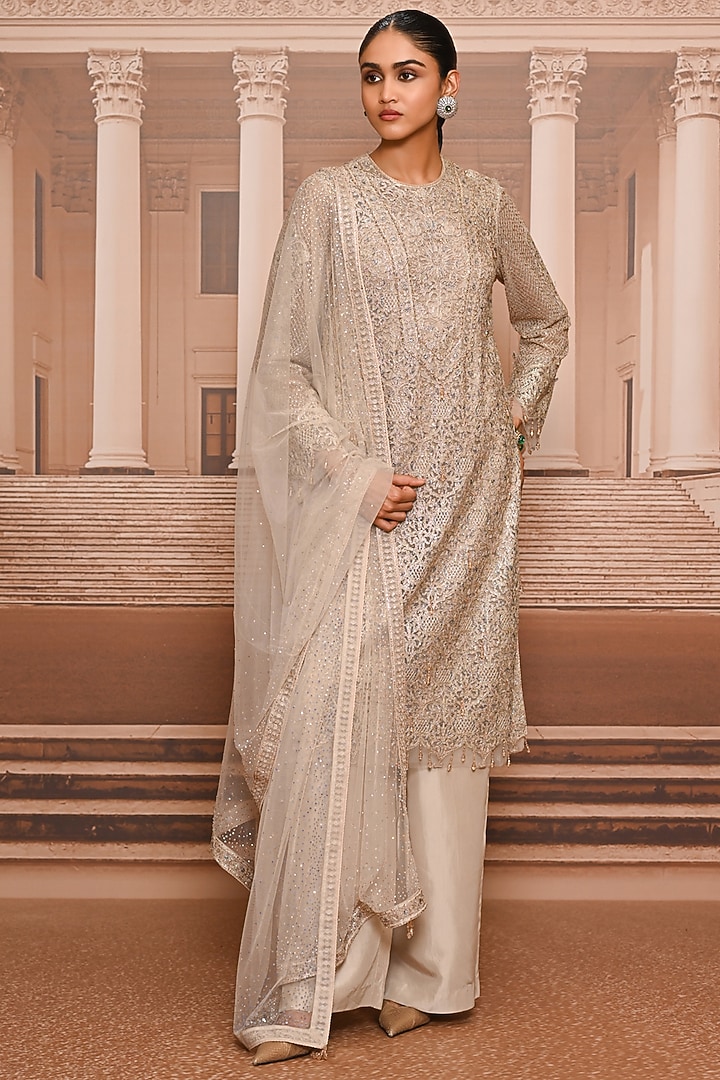 Oyster-Colored Tulle Embroidered Kurta Set by Tarun Tahiliani at Pernia's Pop Up Shop