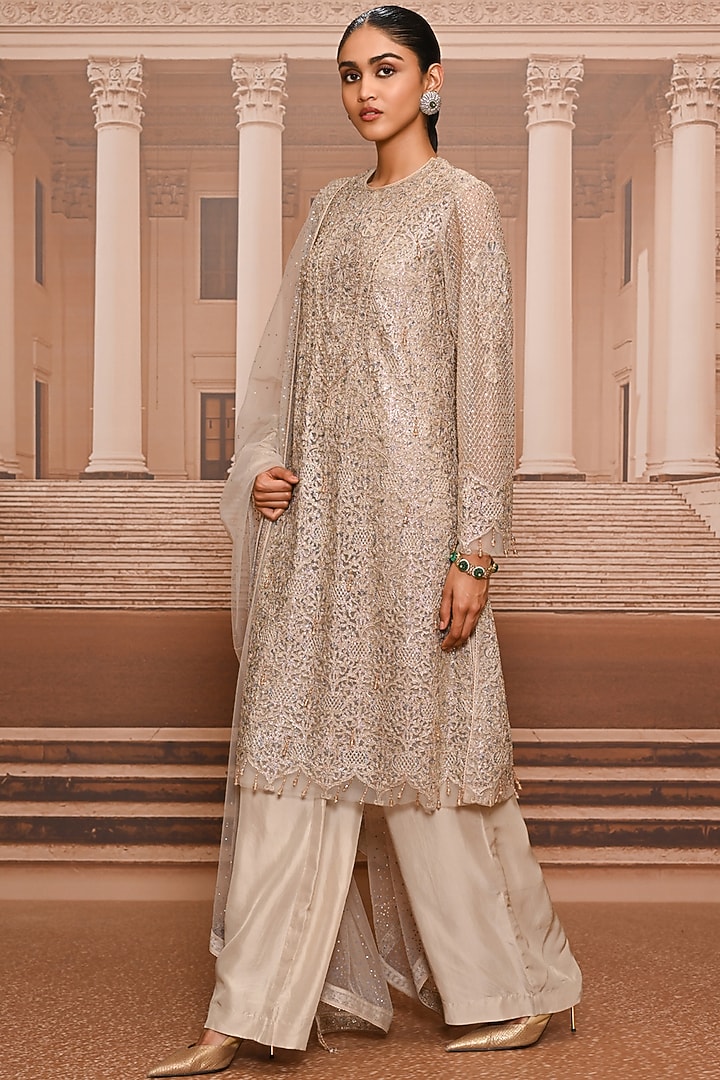 Oyster-Colored Tulle Embroidered Kurta Set by Tarun Tahiliani at Pernia's Pop Up Shop