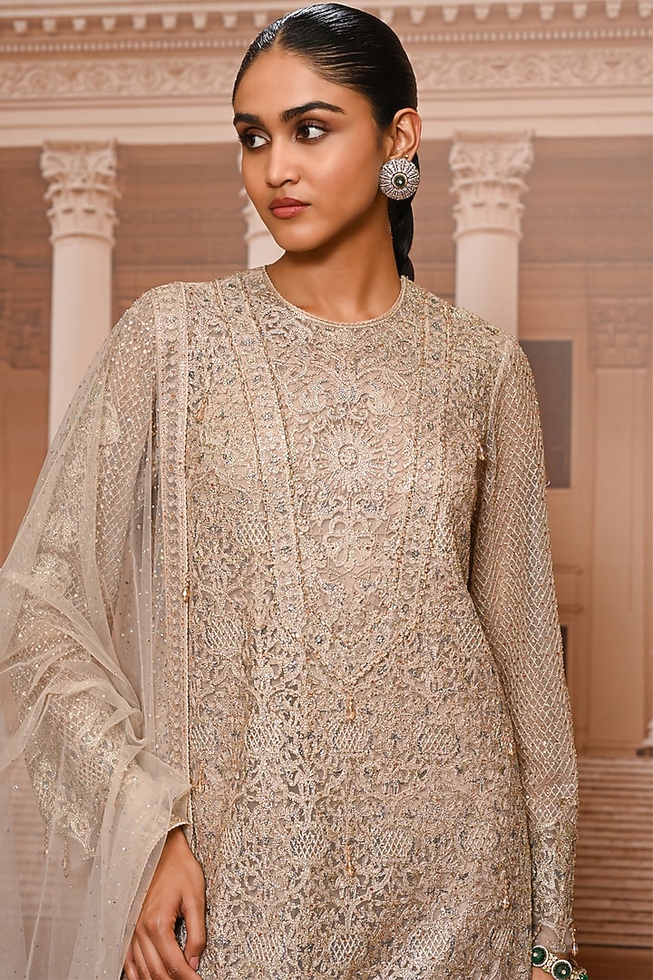 Oyster-Colored Tulle Embroidered Kurta Set by Tarun Tahiliani at Pernia's Pop Up Shop