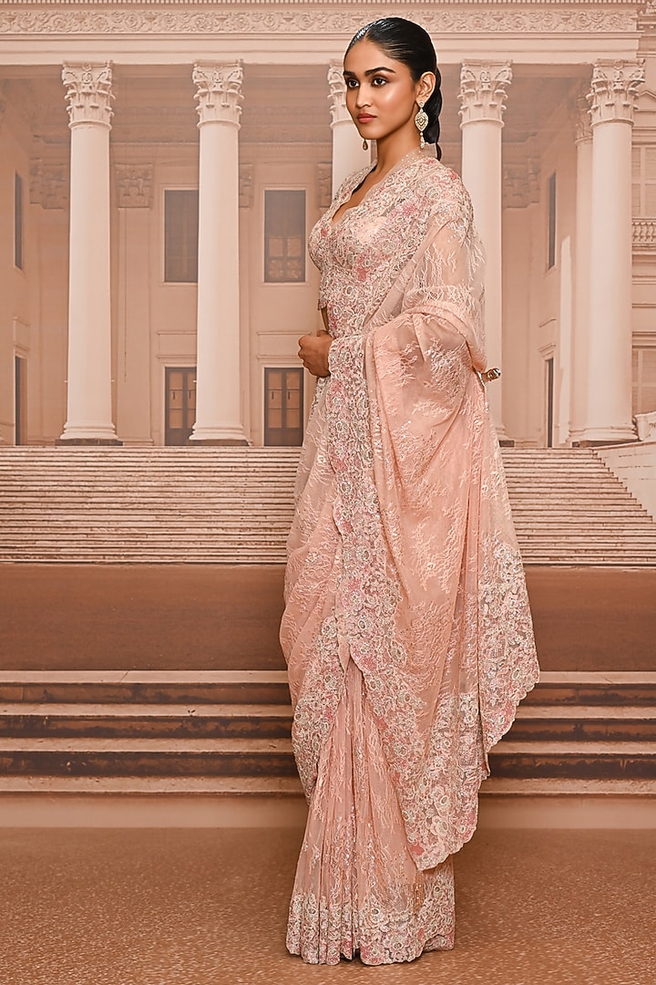 Blush Ombre Lace Embroidered Bridal Saree Set by Tarun Tahiliani at Pernia's Pop Up Shop