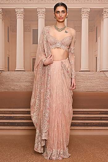 Blush Ombre Lace Embroidered Saree Set by Tarun Tahiliani