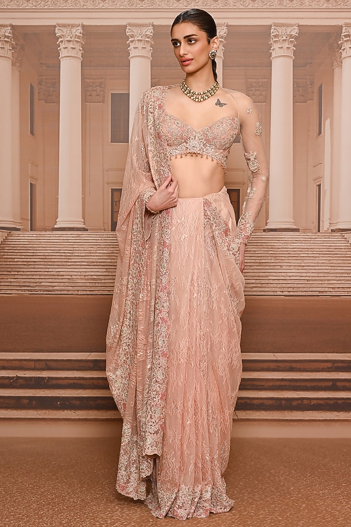 Blush Ombre Lace Embroidered Bridal Saree Set by Tarun Tahiliani at Pernia's Pop Up Shop