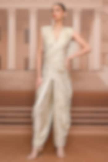 Ivory Foil Jersey Pearl Embroidered Jumpsuit by Tarun Tahiliani at Pernia's Pop Up Shop
