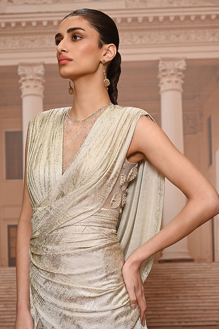 Ivory Foil Jersey Pearl Embroidered Jumpsuit by Tarun Tahiliani at Pernia's Pop Up Shop