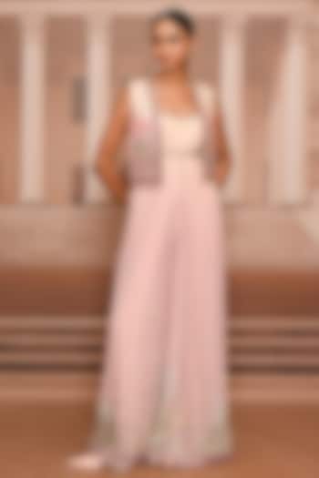 Blush Georgette Embroidered Jumpsuit With Gillet by Tarun Tahiliani at Pernia's Pop Up Shop