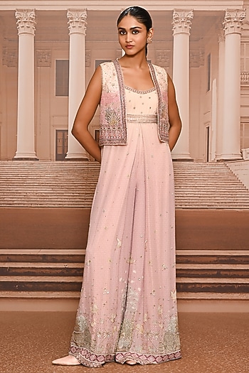 Blush Georgette Embroidered Jumpsuit With Gillet by Tarun Tahiliani