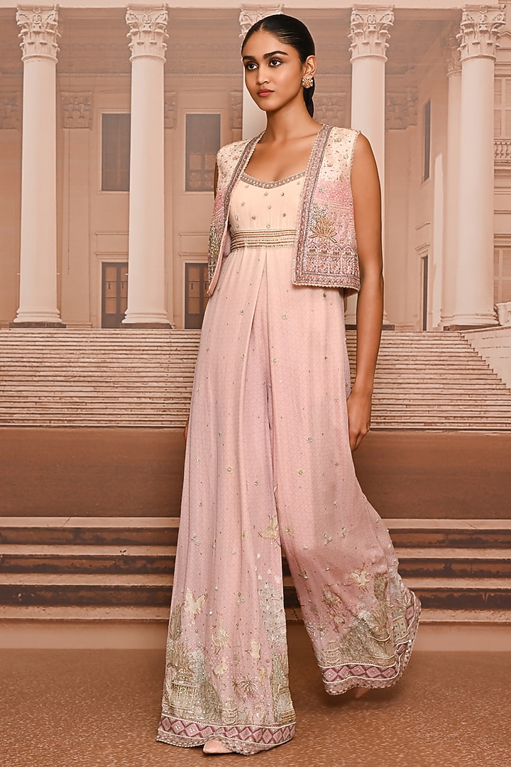 Blush Georgette Embroidered Jumpsuit With Gillet by Tarun Tahiliani at Pernia's Pop Up Shop
