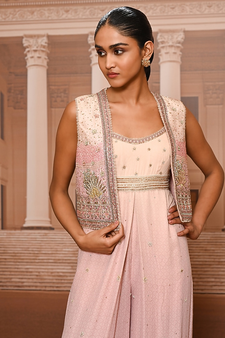 Blush Georgette Embroidered Jumpsuit With Gillet by Tarun Tahiliani at Pernia's Pop Up Shop