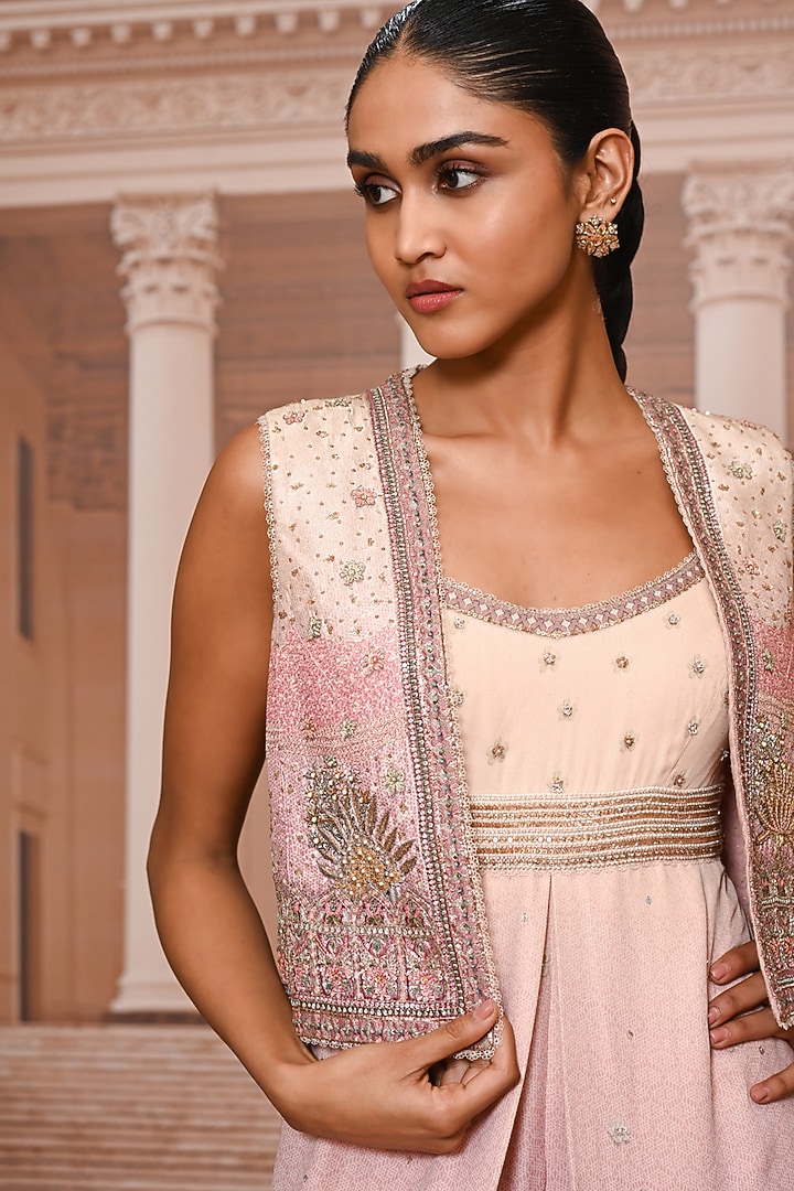 Blush Georgette Embroidered Jumpsuit With Gillet by Tarun Tahiliani at Pernia's Pop Up Shop