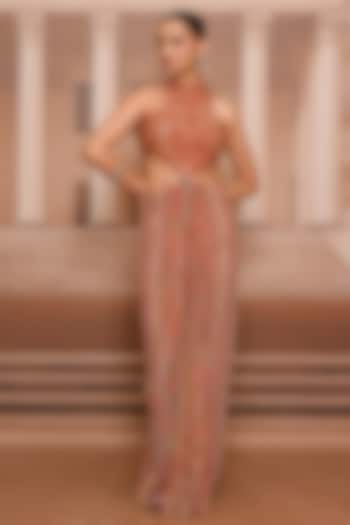 Rust Crepe Hand Embroidered Draped Party Wear Dress by Tarun Tahiliani at Pernia's Pop Up Shop