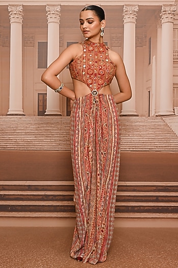 Rust Crepe Hand Embroidered Draped Dress by Tarun Tahiliani