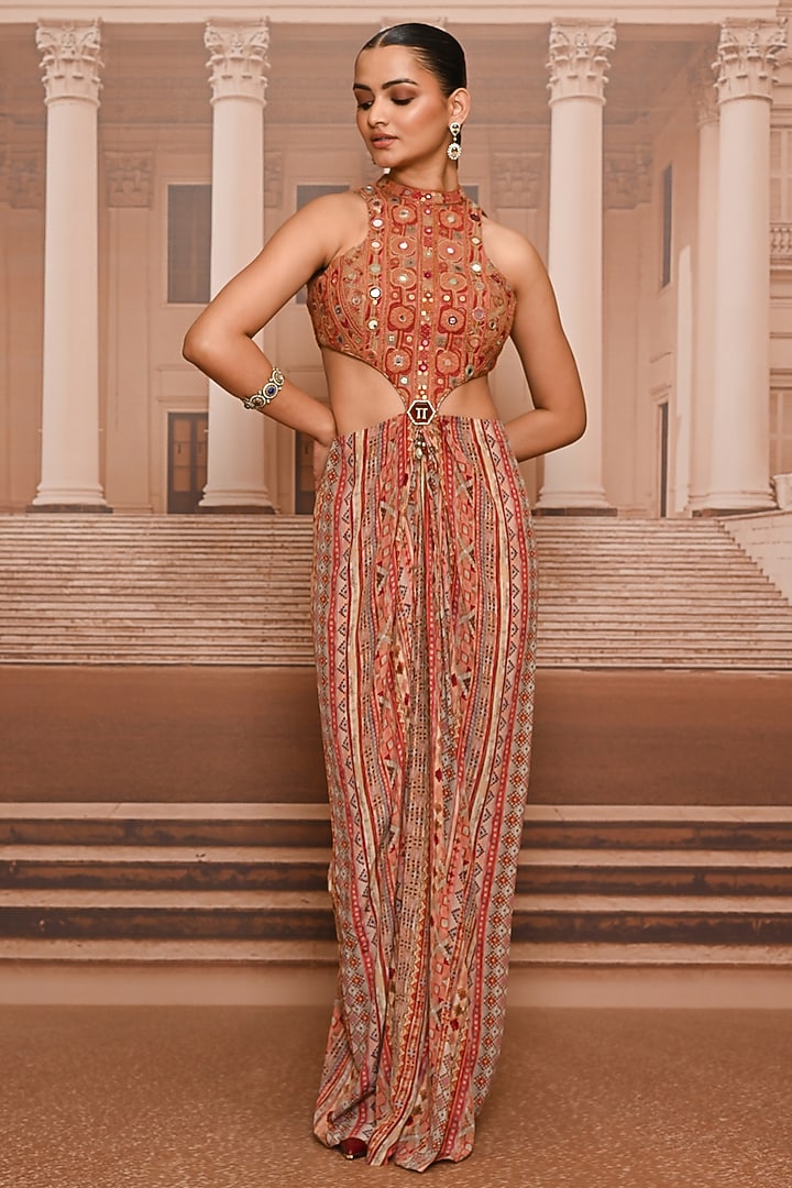 Rust Crepe Hand Embroidered Draped Party Wear Dress by Tarun Tahiliani at Pernia's Pop Up Shop