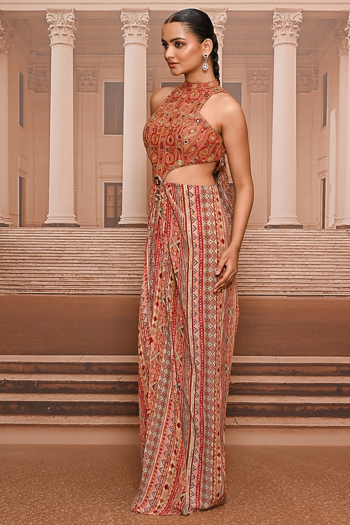 Rust Crepe Hand Embroidered Draped Party Wear Dress by Tarun Tahiliani at Pernia's Pop Up Shop