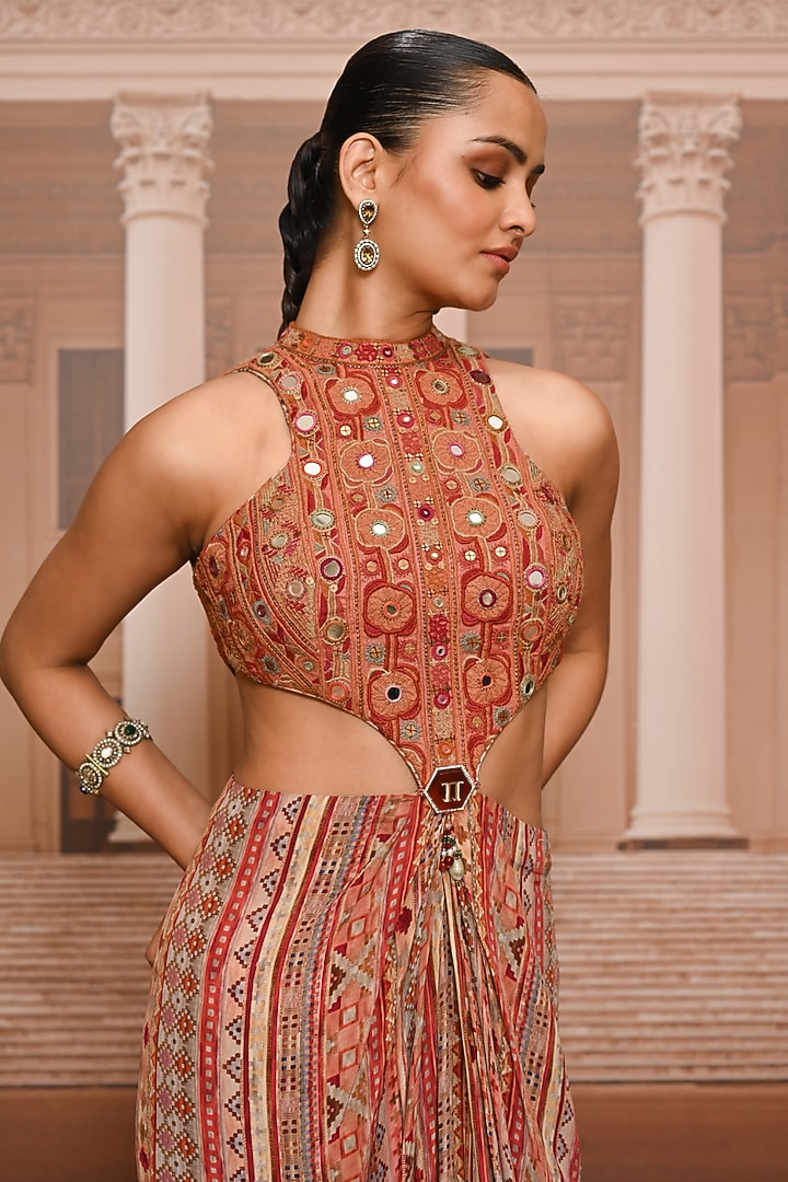 Rust Crepe Hand Embroidered Draped Party Wear Dress by Tarun Tahiliani at Pernia's Pop Up Shop