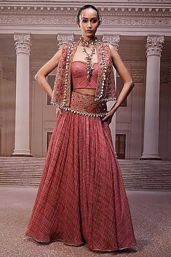 Rust Handwoven Fabric Hand Embroidered Lehenga Set by Tarun Tahiliani