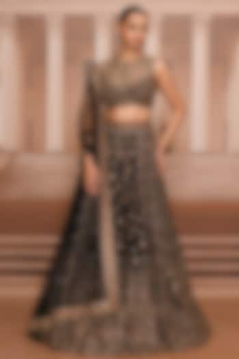 Black & Gold Satin Organza Hand Embroidered Bridal Lehenga Set by Tarun Tahiliani at Pernia's Pop Up Shop