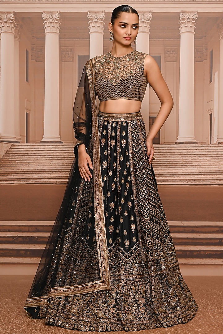 Black & Gold Satin Organza Hand Embroidered Bridal Lehenga Set by Tarun Tahiliani at Pernia's Pop Up Shop