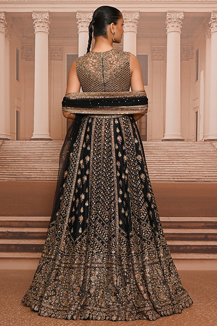 Black & Gold Satin Organza Hand Embroidered Bridal Lehenga Set by Tarun Tahiliani at Pernia's Pop Up Shop