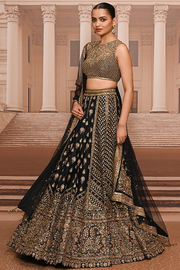 Black & Gold Satin Organza Hand Embroidered Bridal Lehenga Set by Tarun Tahiliani at Pernia's Pop Up Shop
