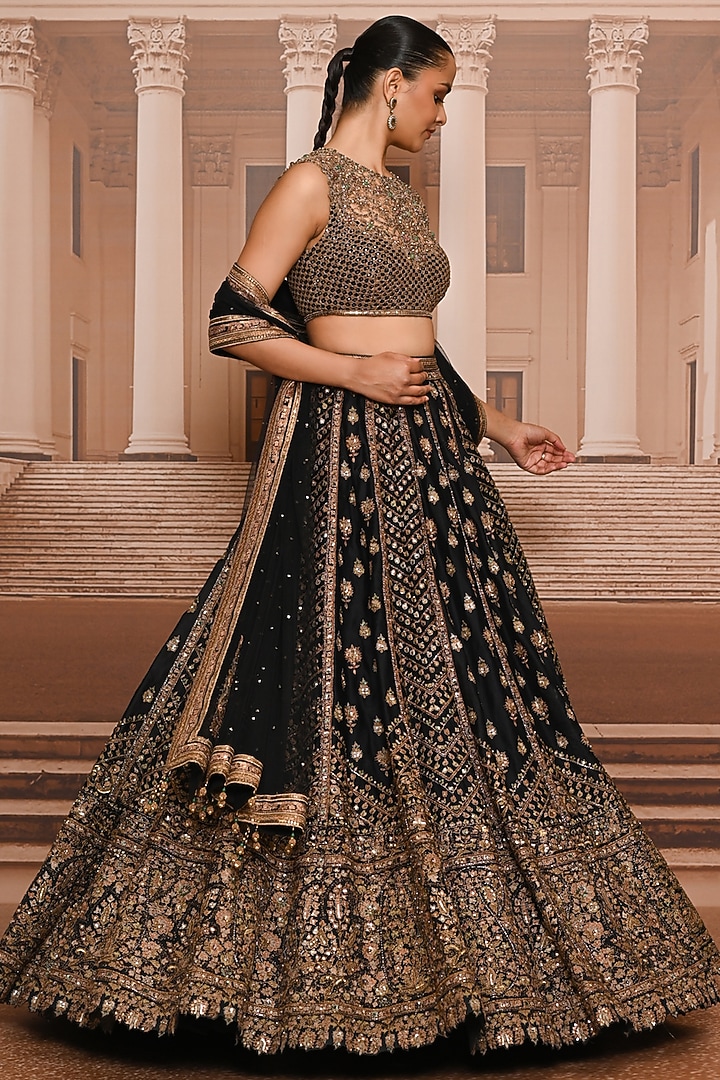 Black & Gold Satin Organza Hand Embroidered Bridal Lehenga Set by Tarun Tahiliani at Pernia's Pop Up Shop