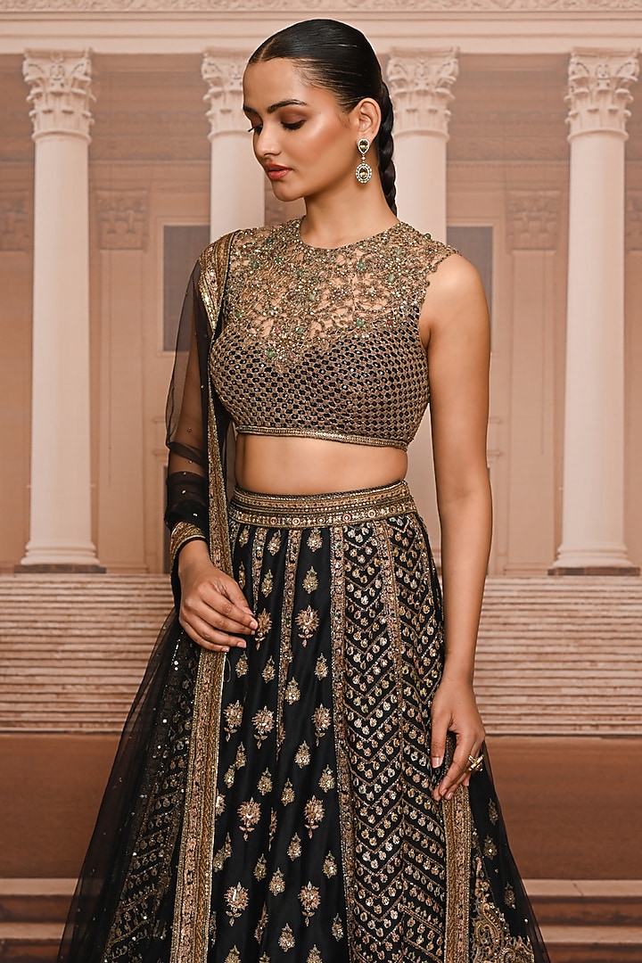 Black & Gold Satin Organza Hand Embroidered Bridal Lehenga Set by Tarun Tahiliani at Pernia's Pop Up Shop