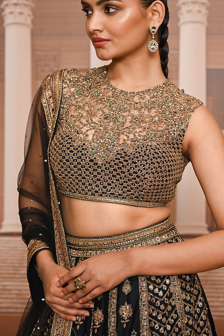 Black & Gold Satin Organza Hand Embroidered Bridal Lehenga Set by Tarun Tahiliani at Pernia's Pop Up Shop