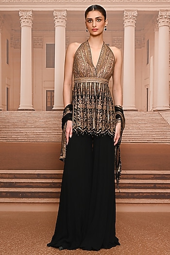 Black & Gold Chiffon Sharara Set by Tarun Tahiliani