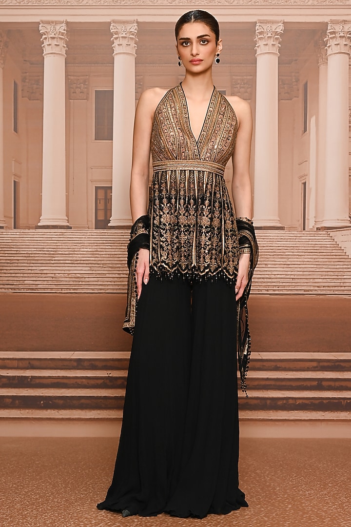 Black & Gold Chiffon Bridal Sharara Set by Tarun Tahiliani at Pernia's Pop Up Shop