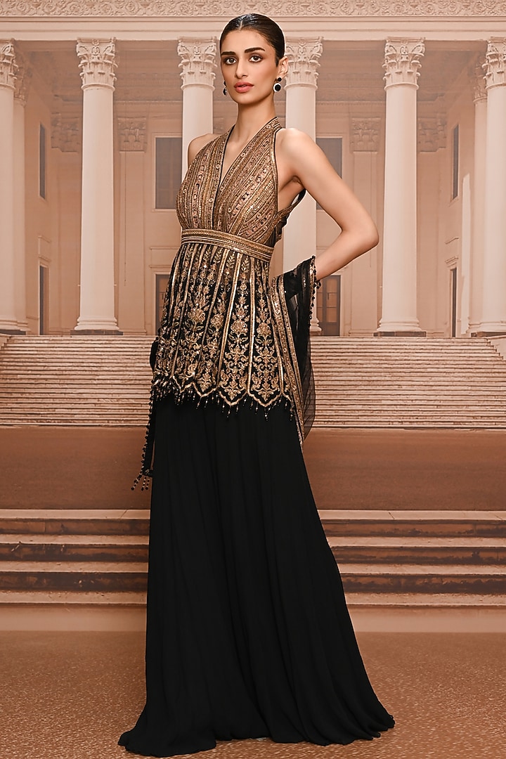 Black & Gold Chiffon Bridal Sharara Set by Tarun Tahiliani at Pernia's Pop Up Shop