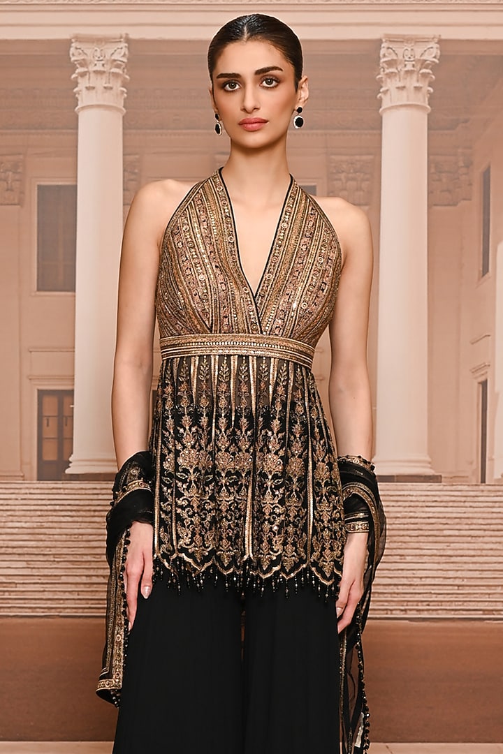 Black & Gold Chiffon Bridal Sharara Set by Tarun Tahiliani at Pernia's Pop Up Shop