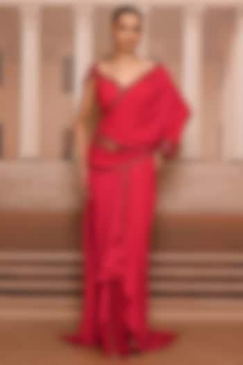 Red Shaded Georgette Draped Concept Reception Saree Set by Tarun Tahiliani at Pernia's Pop Up Shop