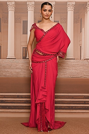 Red Shaded Georgette Draped Concept Saree Set by Tarun Tahiliani