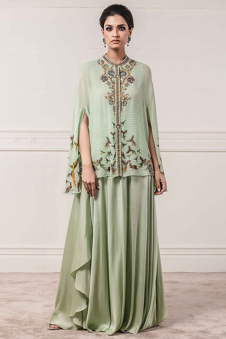 Mint Green Printed Cape With Trousers by Tarun Tahiliani