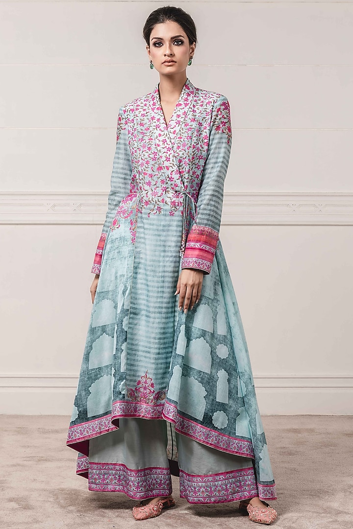 Blue Printed Jacket With Trousers by Tarun Tahiliani