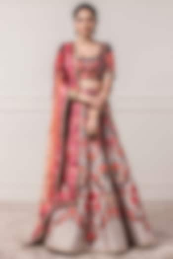 Maroon Floral Printed Wedding Lehenga Set by Tarun Tahiliani at Pernia's Pop Up Shop