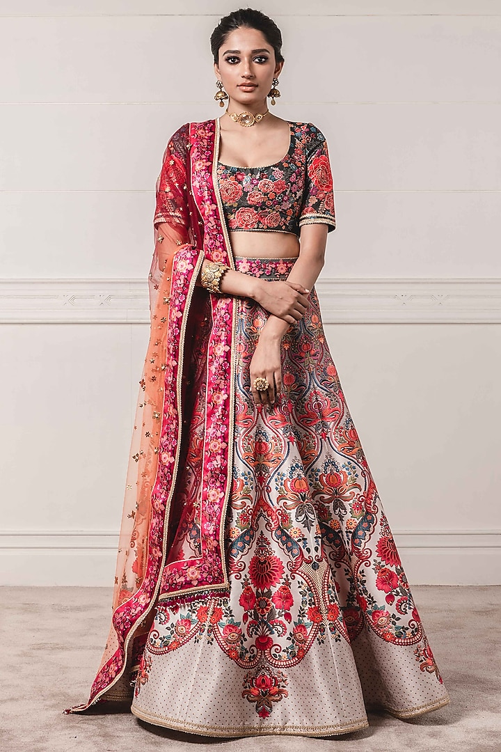 Maroon Floral Printed Wedding Lehenga Set by Tarun Tahiliani at Pernia's Pop Up Shop