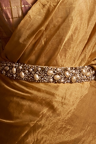 Ivory Velvet Pearl Belt by Tarun Tahiliani Accessories