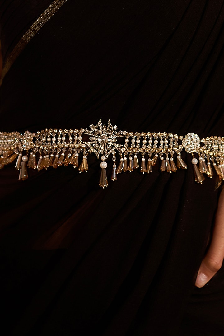 Golden Crystal & Pearl Studded Belt by Tarun Tahiliani Accessories