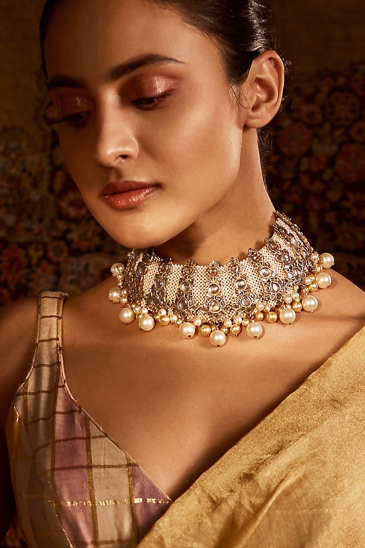 Gold Finish Kundan Polki & Pearl Necklace by Tarun Tahiliani Accessories