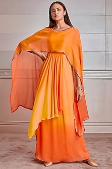 Orange & Yellow Shaded Kaftan by Tarun Tahiliani-WEDDING KAFTANS