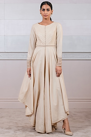 Beige & Gold Katan Silk Jumpsuit by Tarun Tahiliani