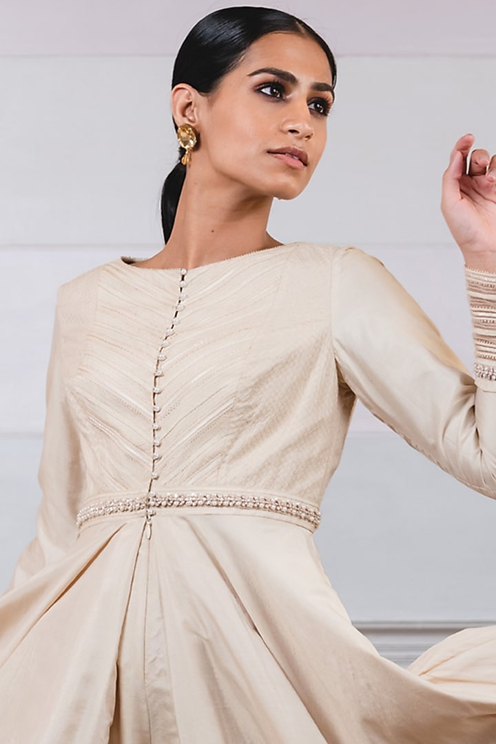 Beige & Gold Katan Silk Jumpsuit by Tarun Tahiliani at Pernia's Pop Up Shop