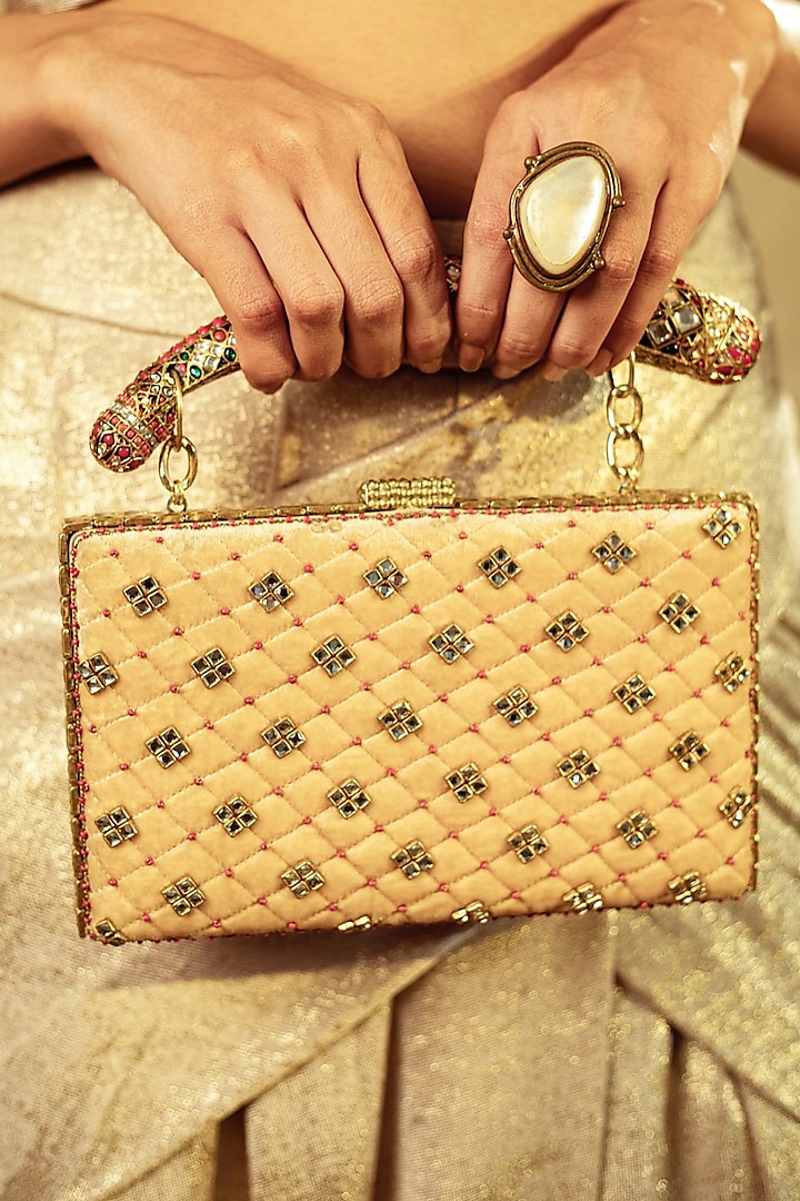 Light Gold Embroidered Clutch by Tarun Tahiliani