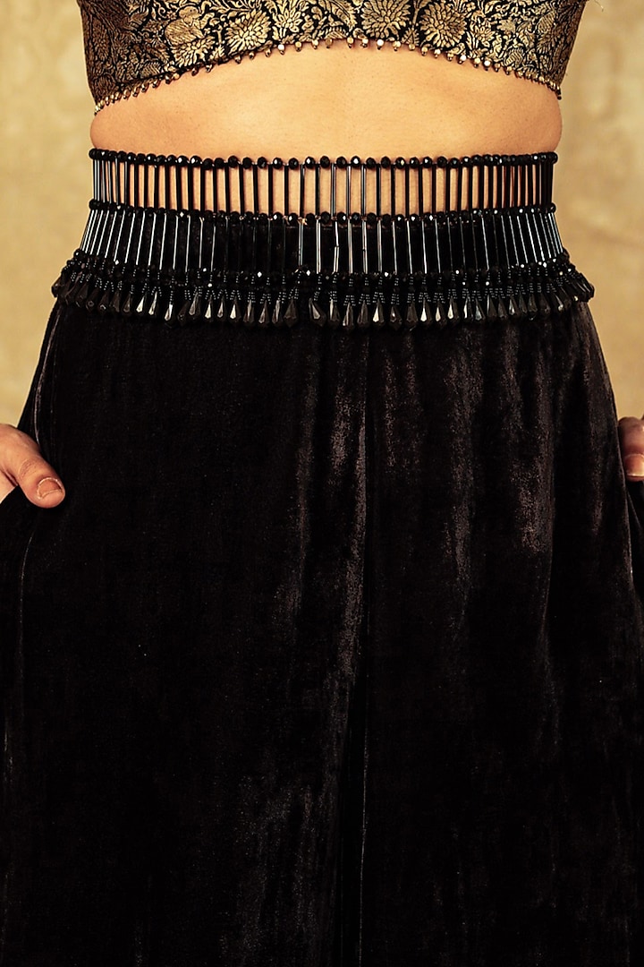 Black Embellished Waist Belt With Crystal Hangings by Tarun Tahiliani Accessories
