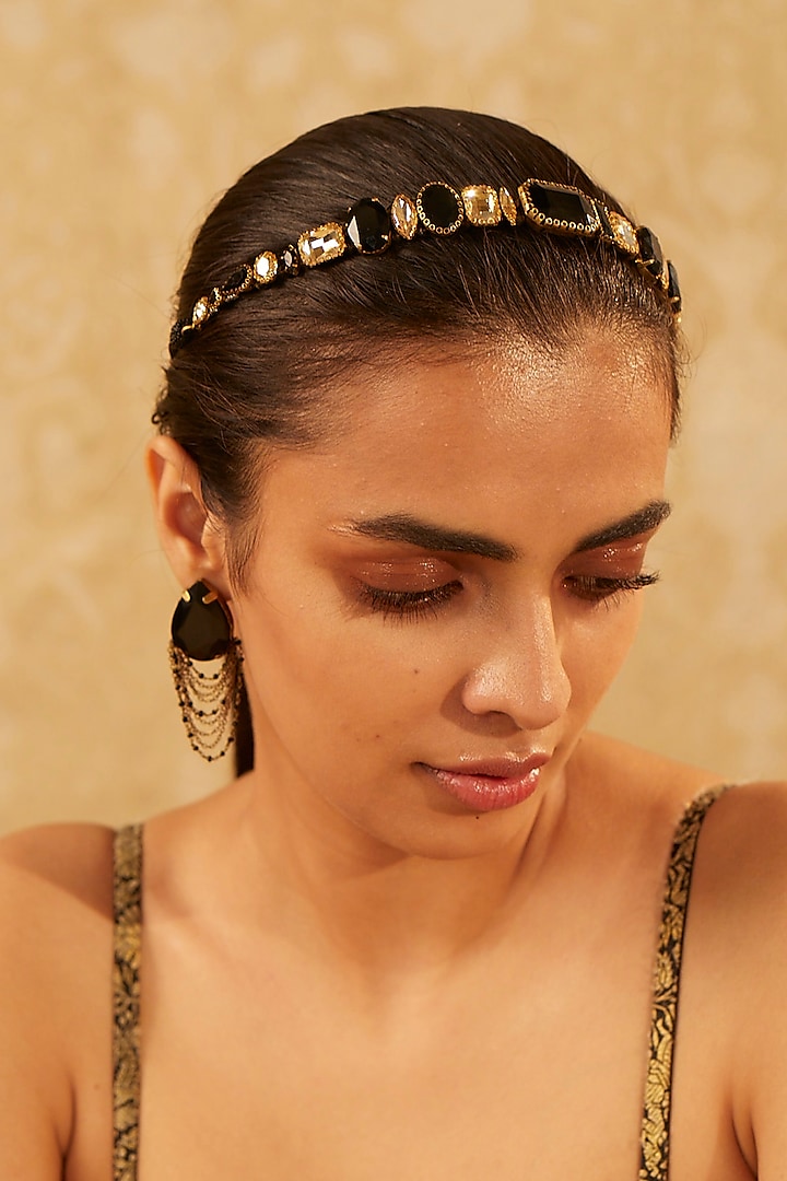 Gold Crystal Embellished Headband by Tarun Tahiliani
