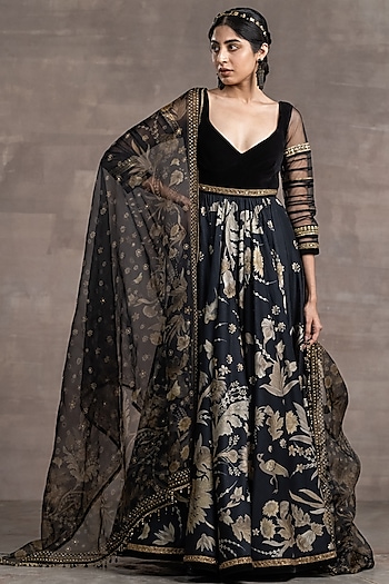 Black Printed Anarkali Set by Tarun Tahiliani